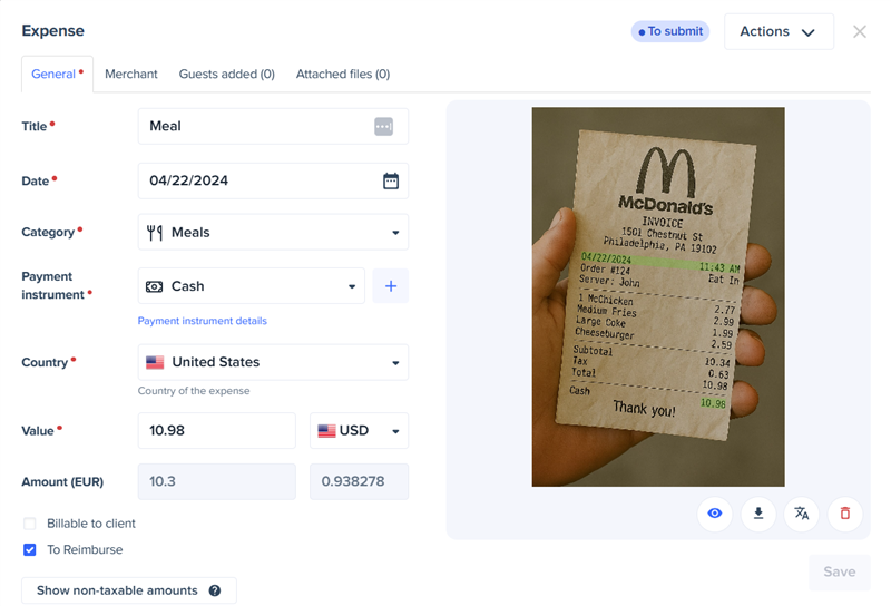 Employee view when submitting an expense