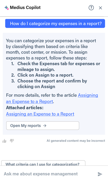 Medius Copilot for Expense - how to categorize expense