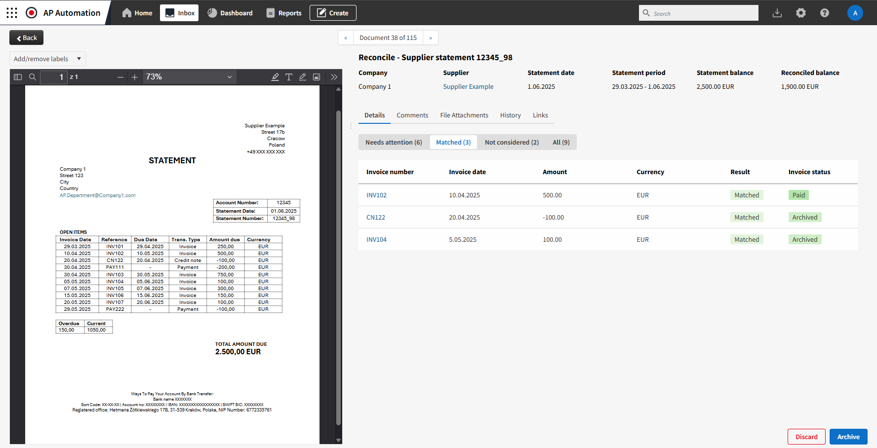statement reconciliation - matched