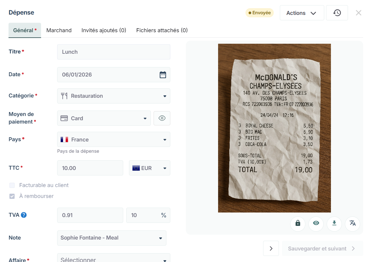 Vue de l'employé lors de la soumission d'une dépense