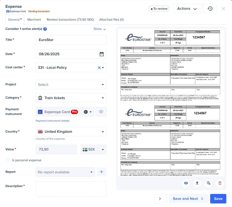 Expense details screen