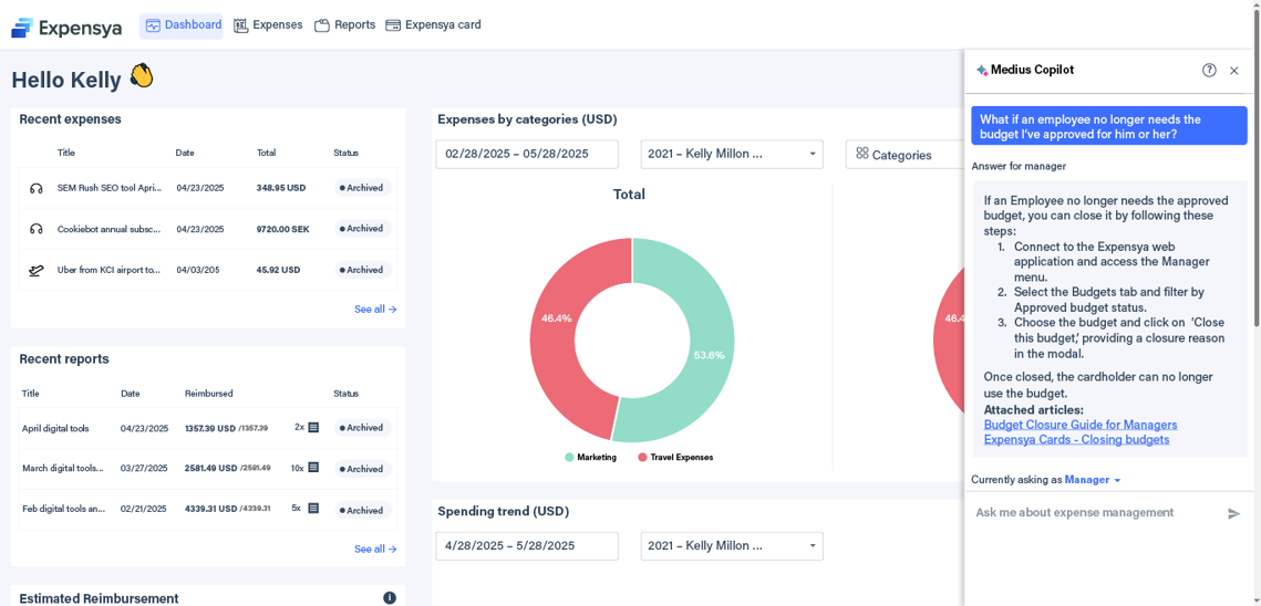 Medius Copilot for Expense - employee no longer needs budget