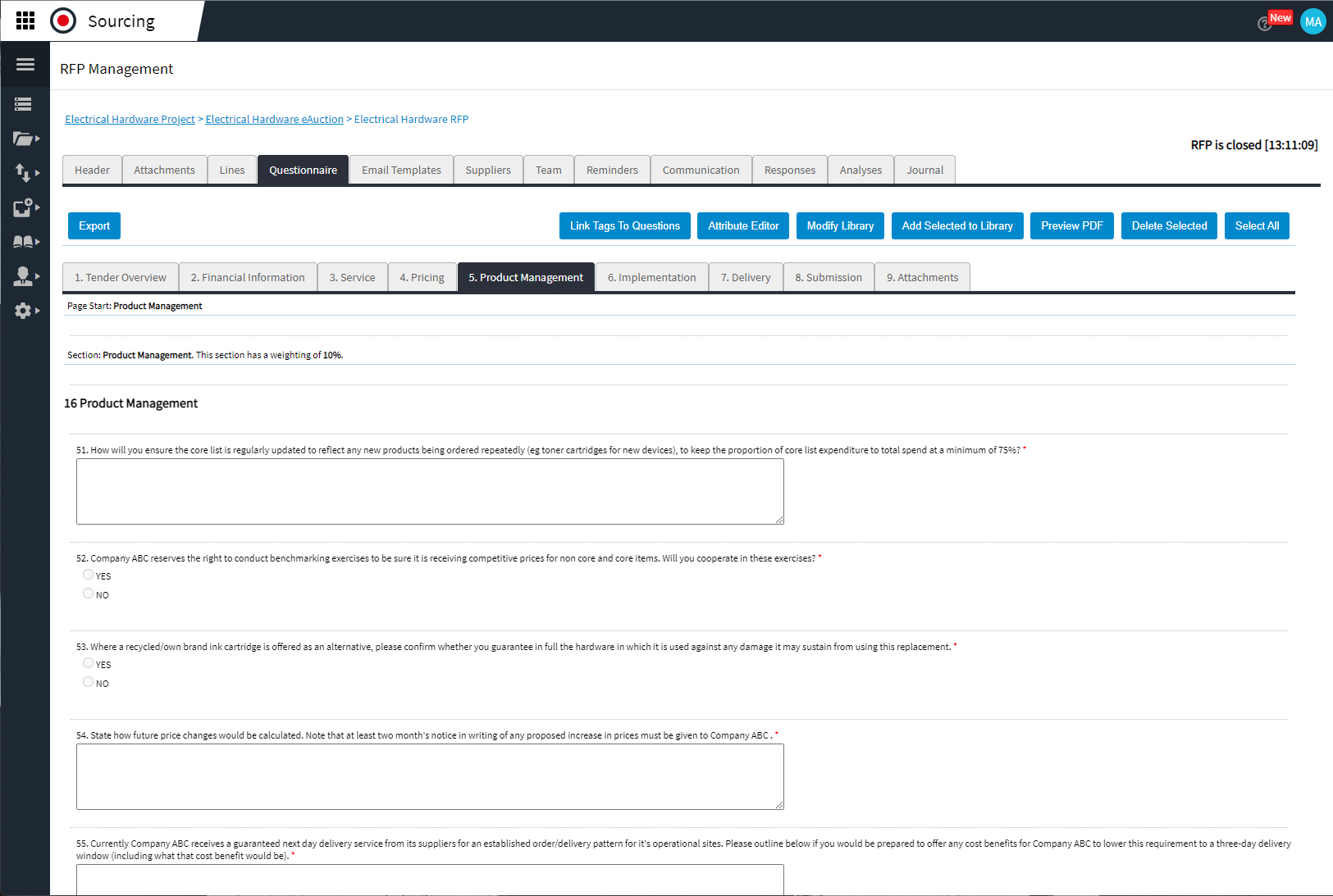 Sourcing questionnaire screen