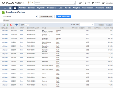 NetSuite Purchase Order Screen