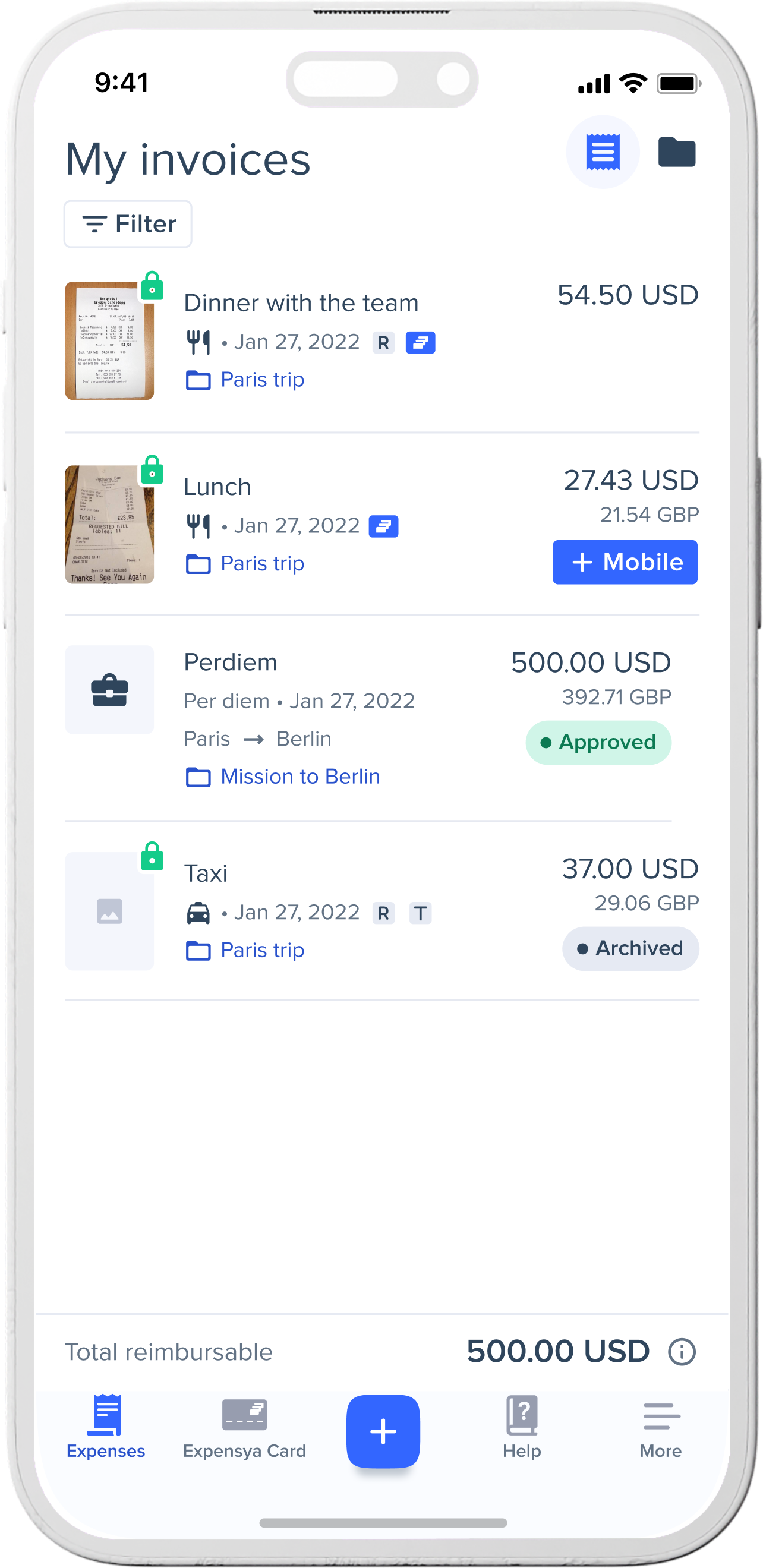 Invoices screen in mobile app