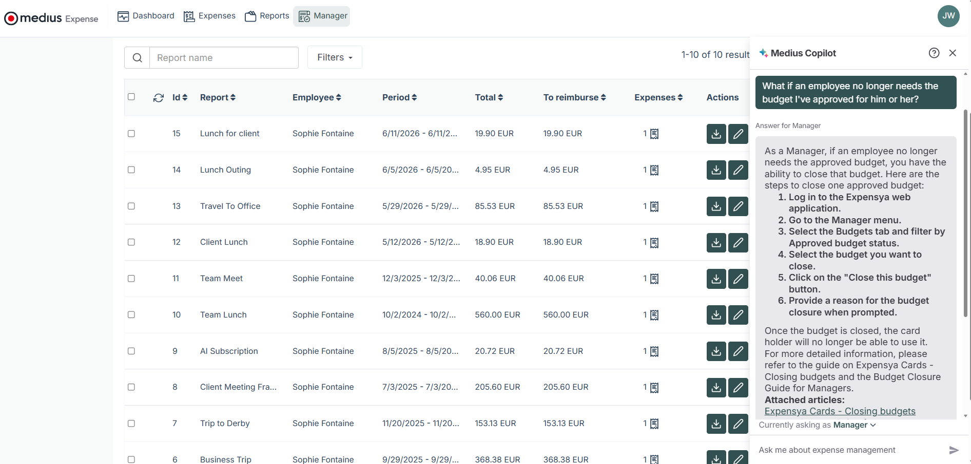Medius Copilot for Expense - employee no longer needs budget