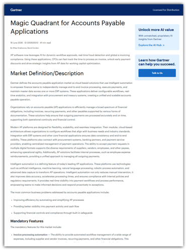 Gartner® Magic Quadrant™ for Accounts Payable Applications Report cover image