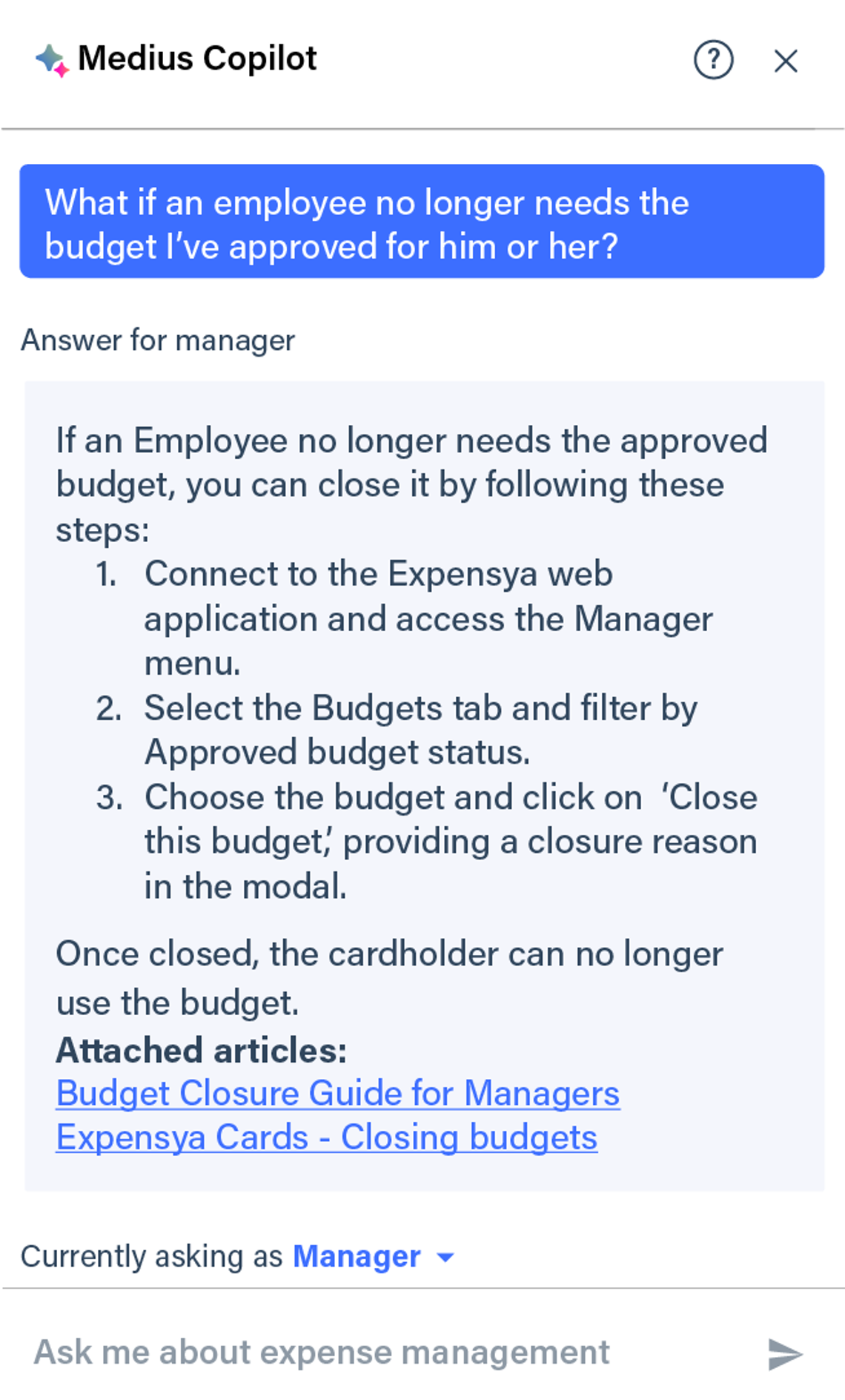 Medius Copilot for Expense - employee no longer needs budget