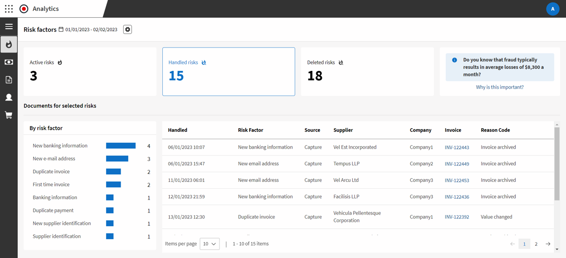 Medius Fraud & Risk Detection - risk factors screen