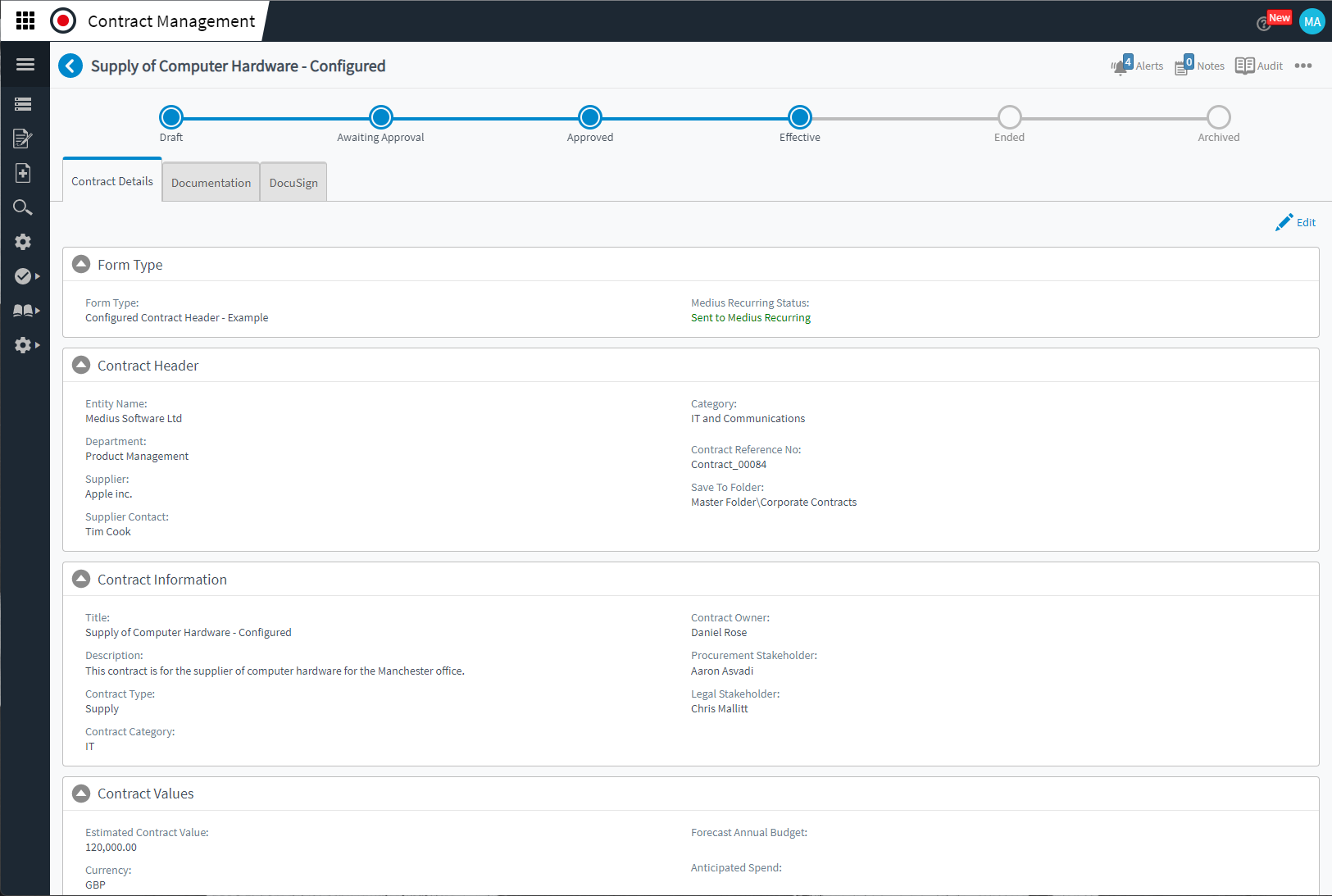 Contract Management Dashboard screen