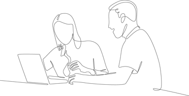 line art illustration of two people looking at computer