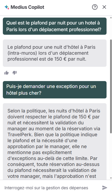 Medius Copilot for Expense - politique de dépenses – montant pour l'hôtel