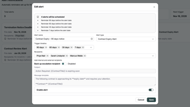 screenshot showing alert configuration setup options like alert type, timing, recipients, and messaging