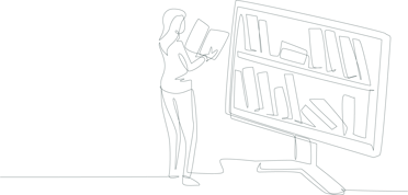 line art illustration of man looking at computer