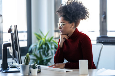 woman using computer