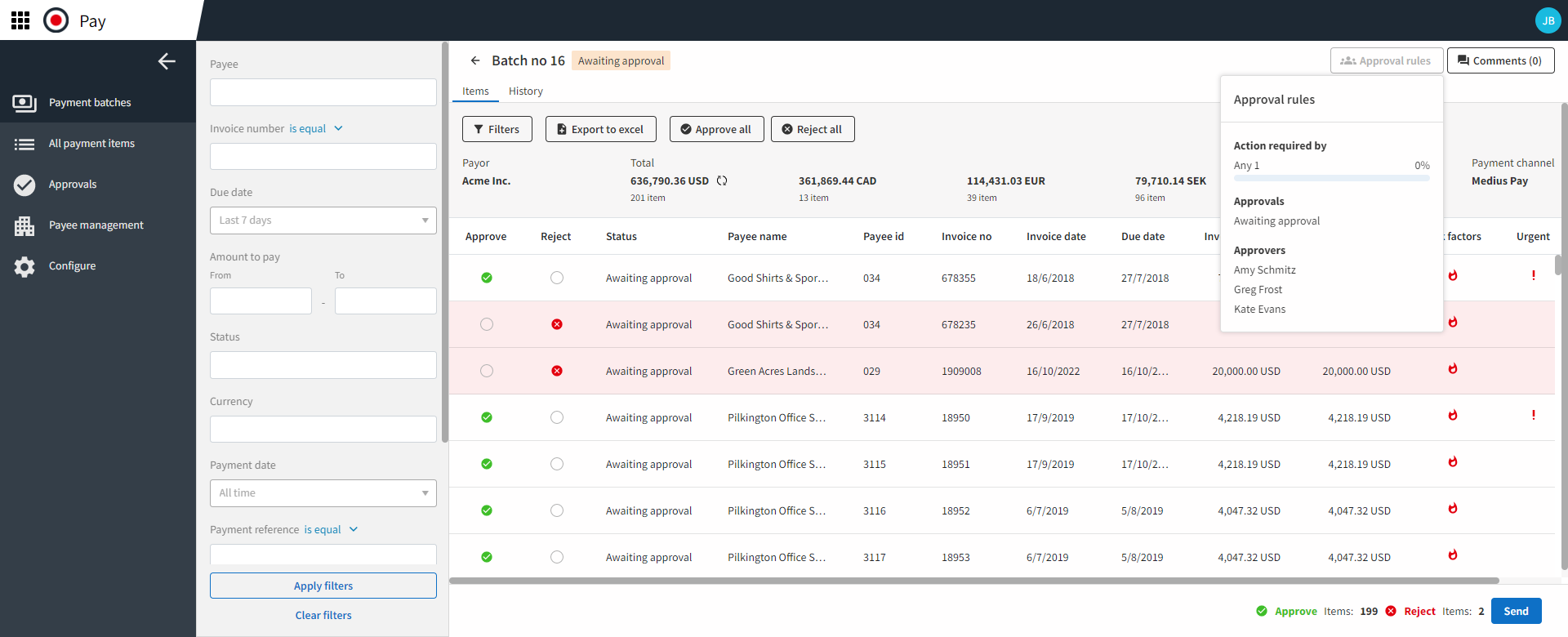 Payment Approvals screen