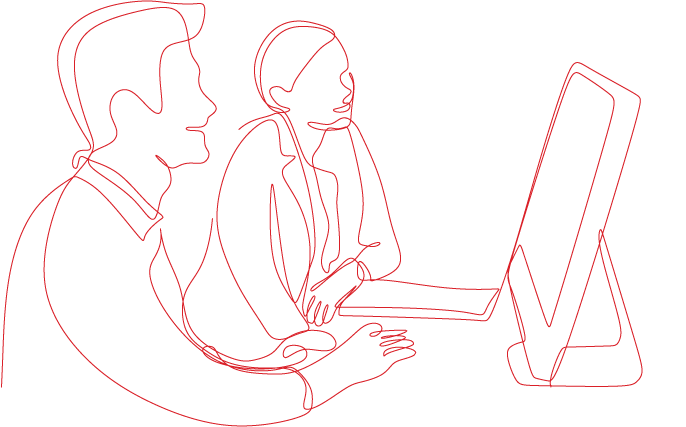 line art of people looking at computer screen