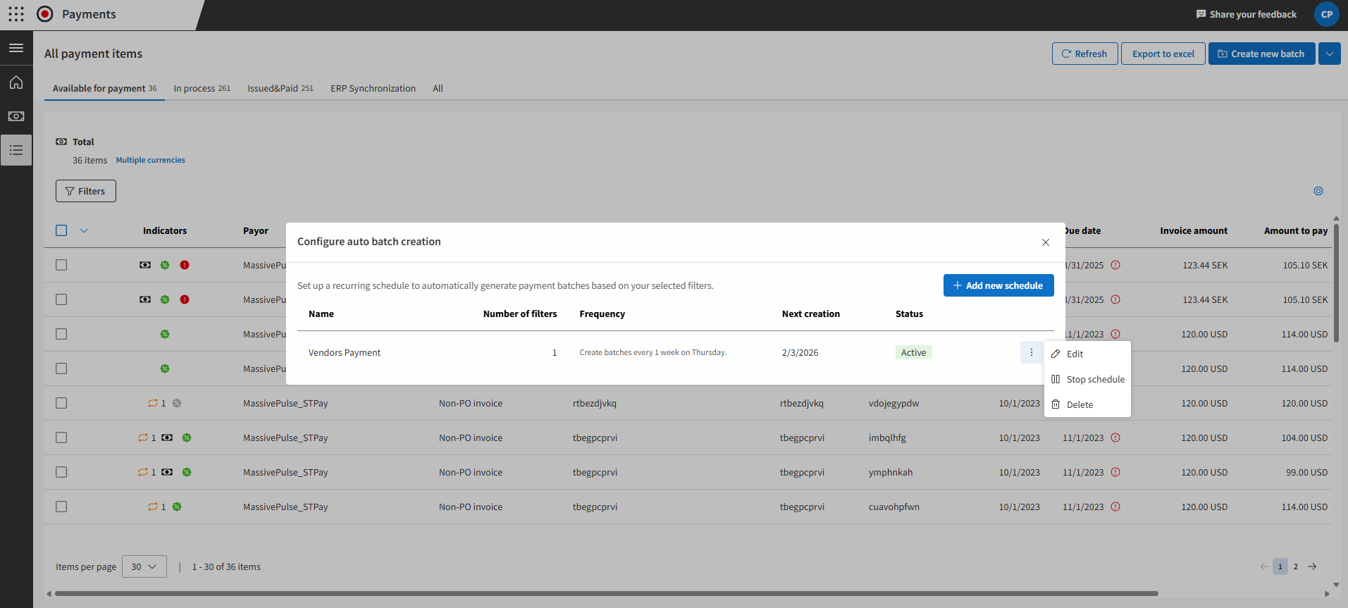 Automated payment batch creation screen