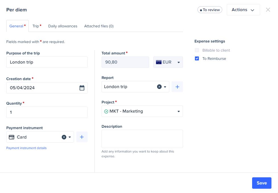 per diem overview screen