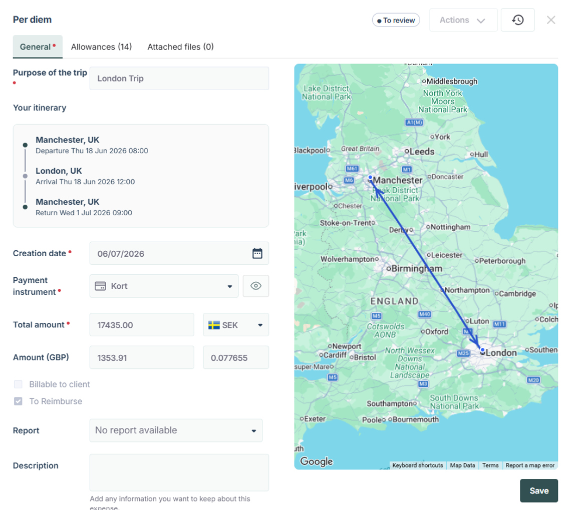 per diem overview screen