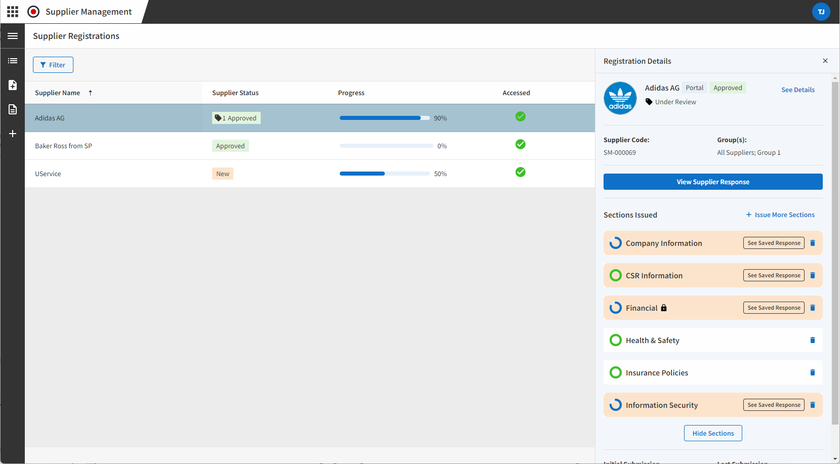 Supplier management responses screen