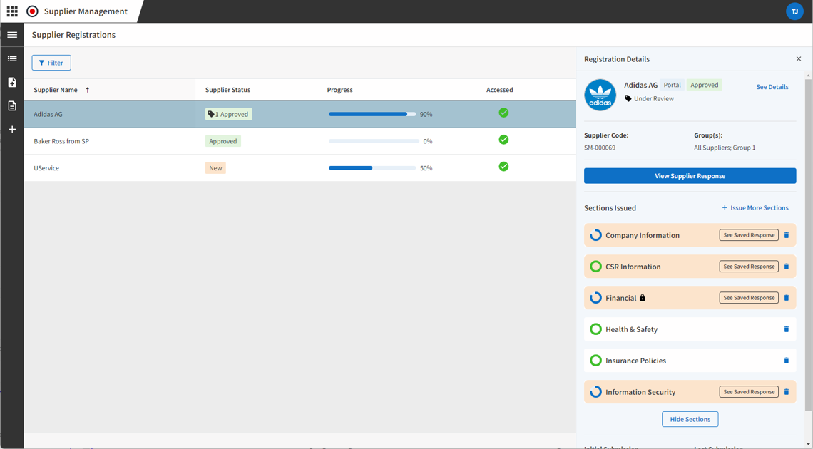 Supplier Management - Responses screen