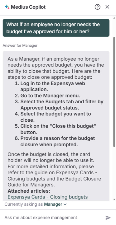 Medius Copilot for Expense - employee no longer needs budget