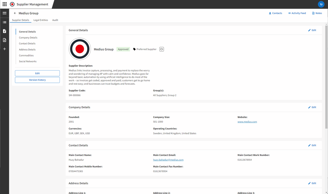 Supplier Management - Record screen