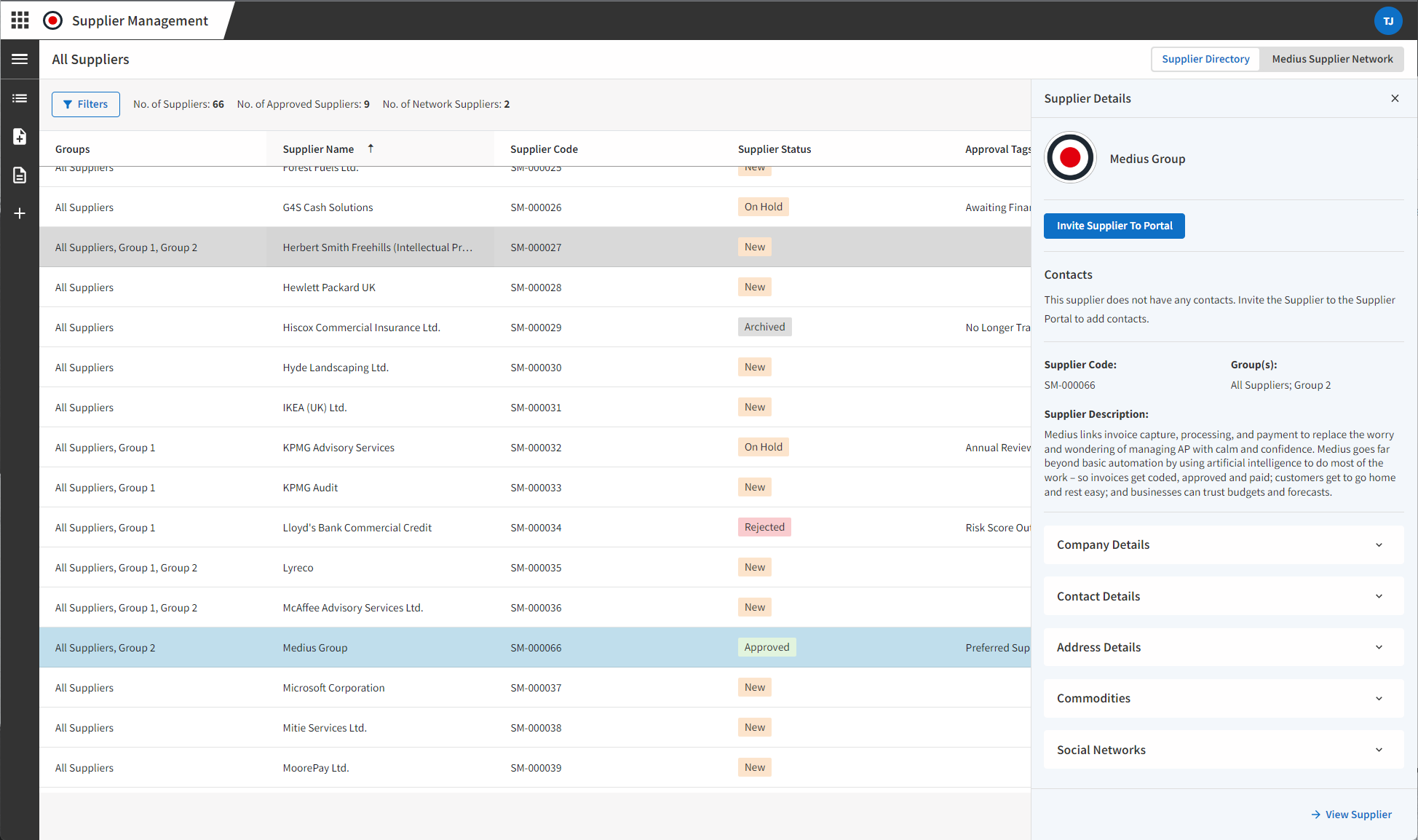 Supplier directory screen