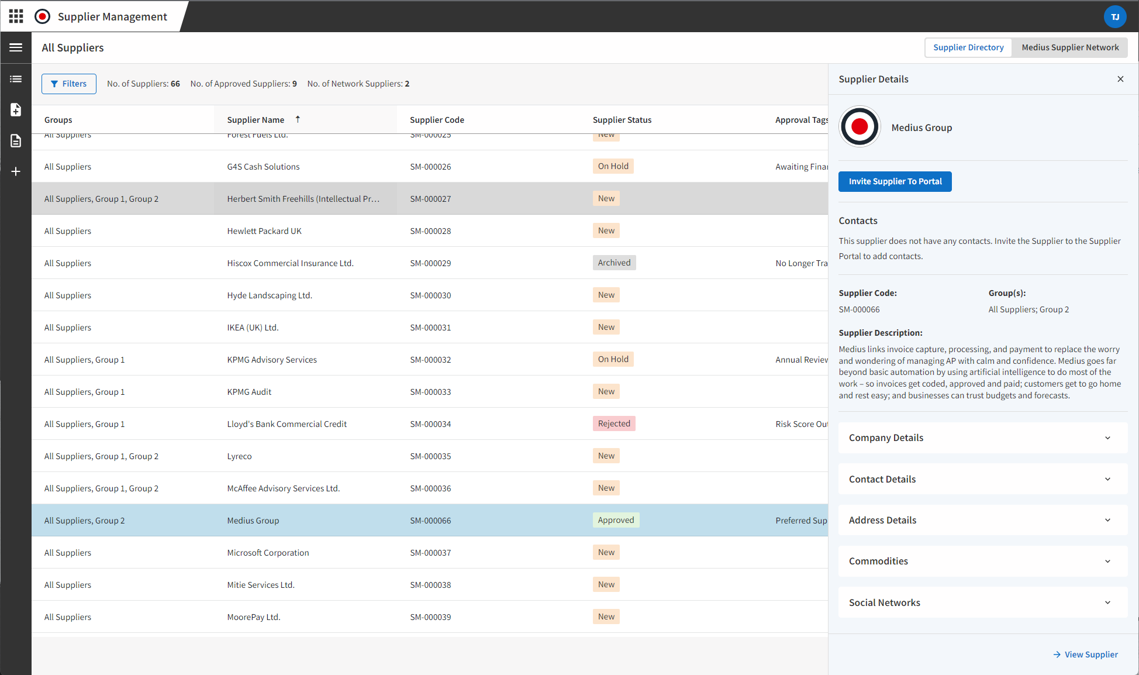 Supplier Management - Directory screen