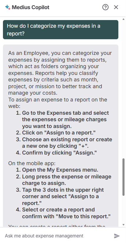 Medius Copilot for Expense - how to categorize expense