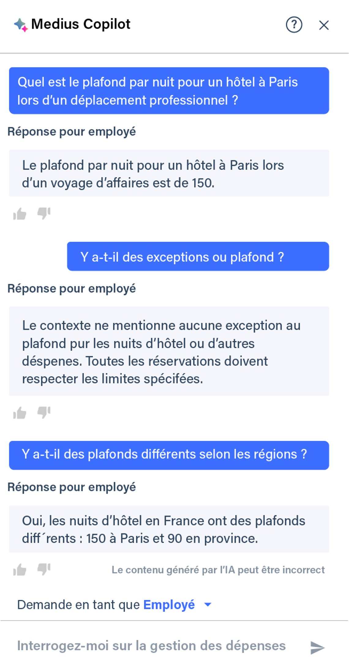 Medius Copilot for Expense - politique de dépenses – montant pour l'hôtel
