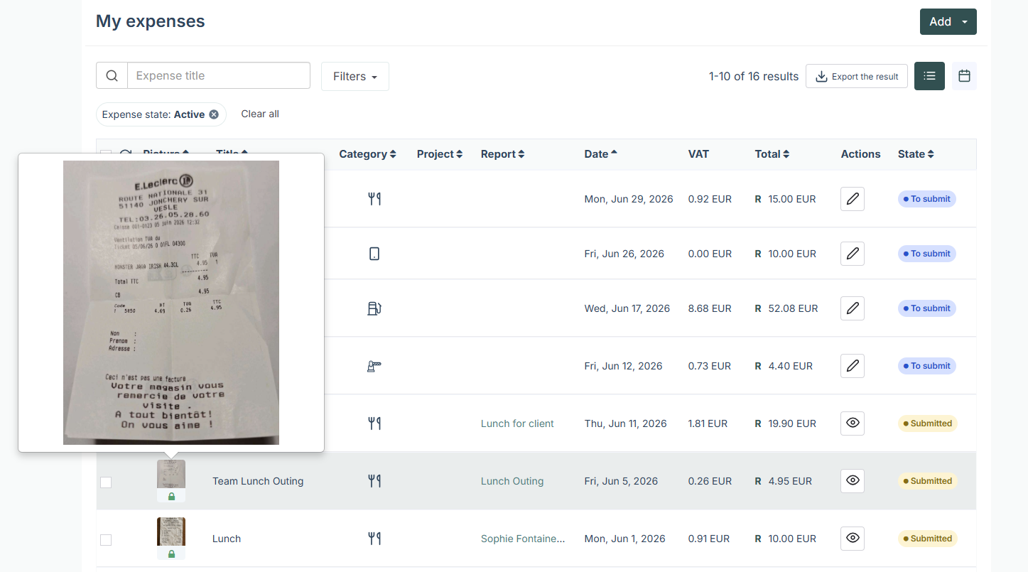 expenses dashboard with receipt preview
