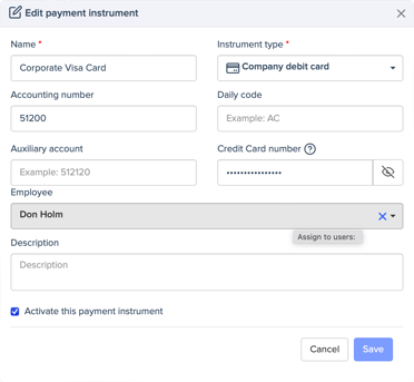 expense payment cards screen