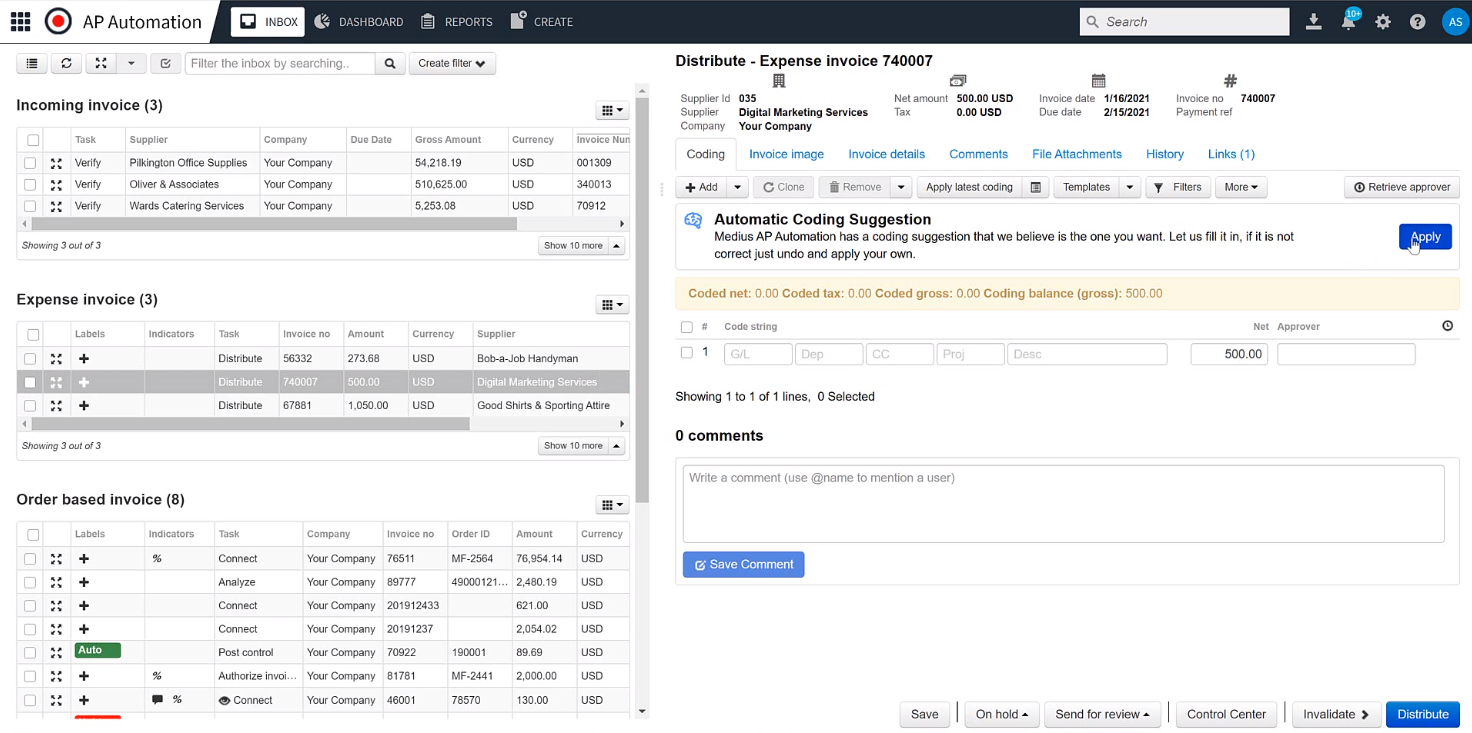 Automatic invoice coding suggestions screen