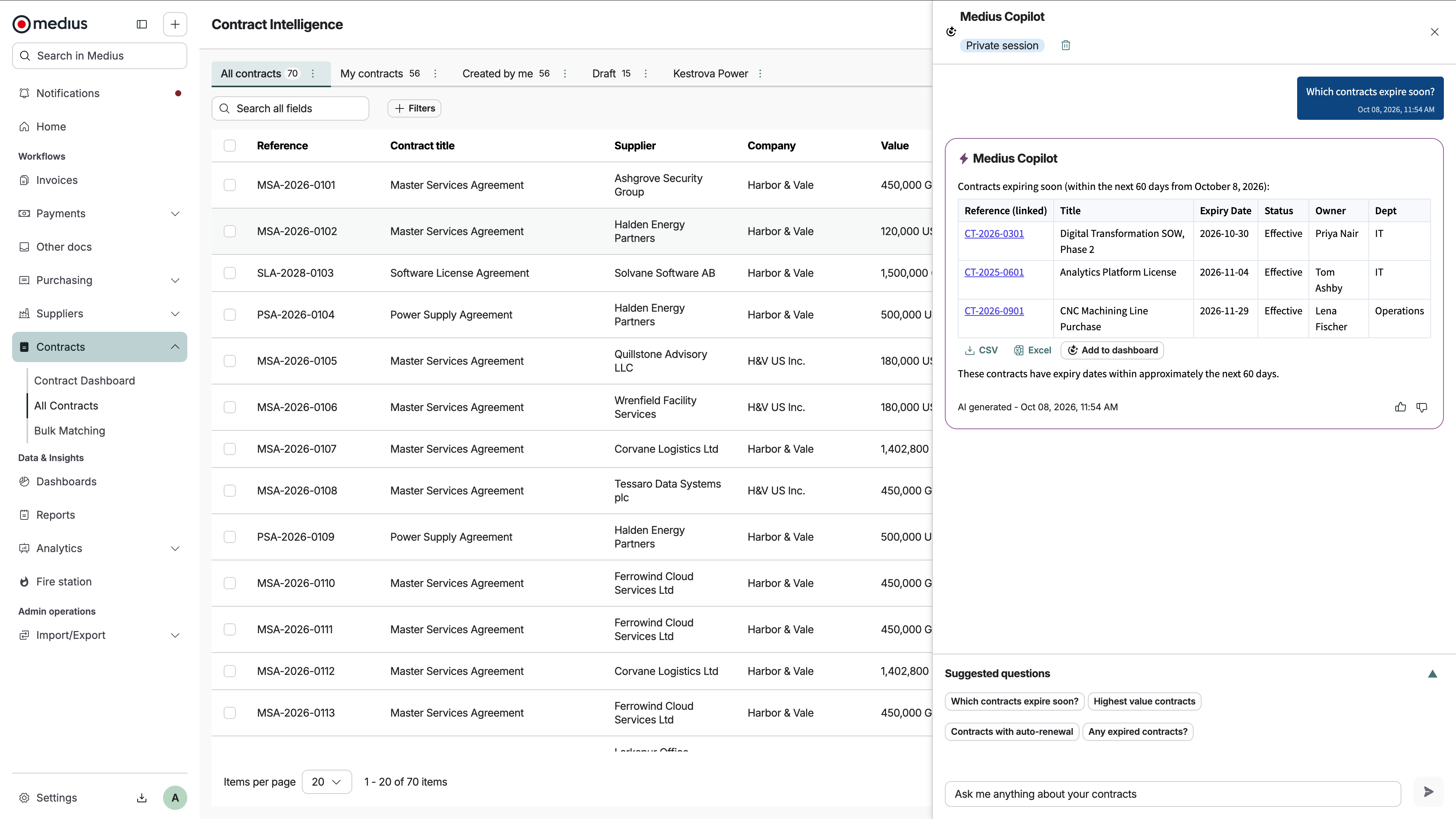 screenshot of Medius Copilot AI assistant within the Medius Contracts platform
