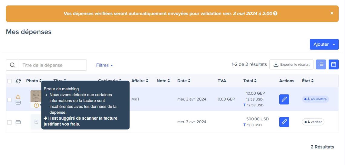Alerte en cas de non-conformité