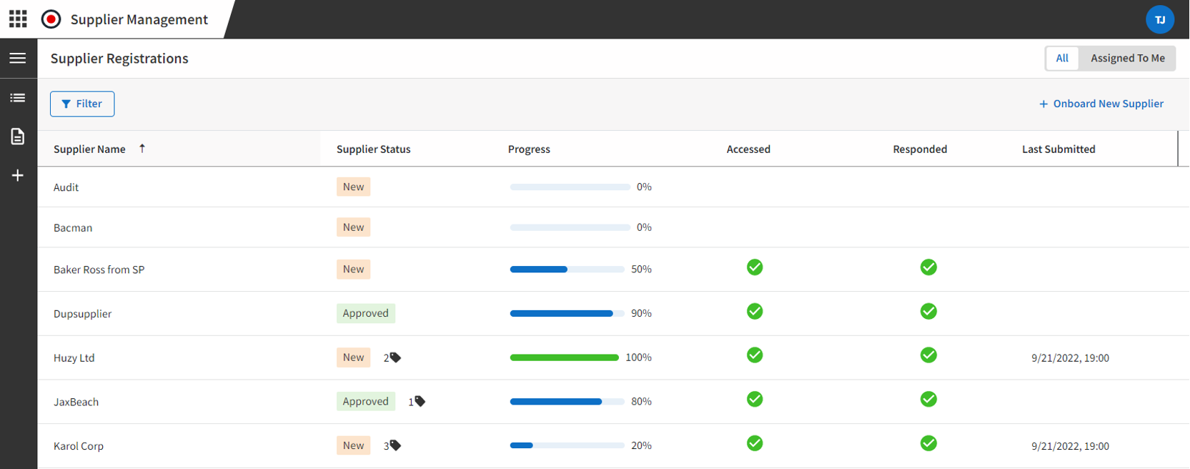 Supplier management responses screen