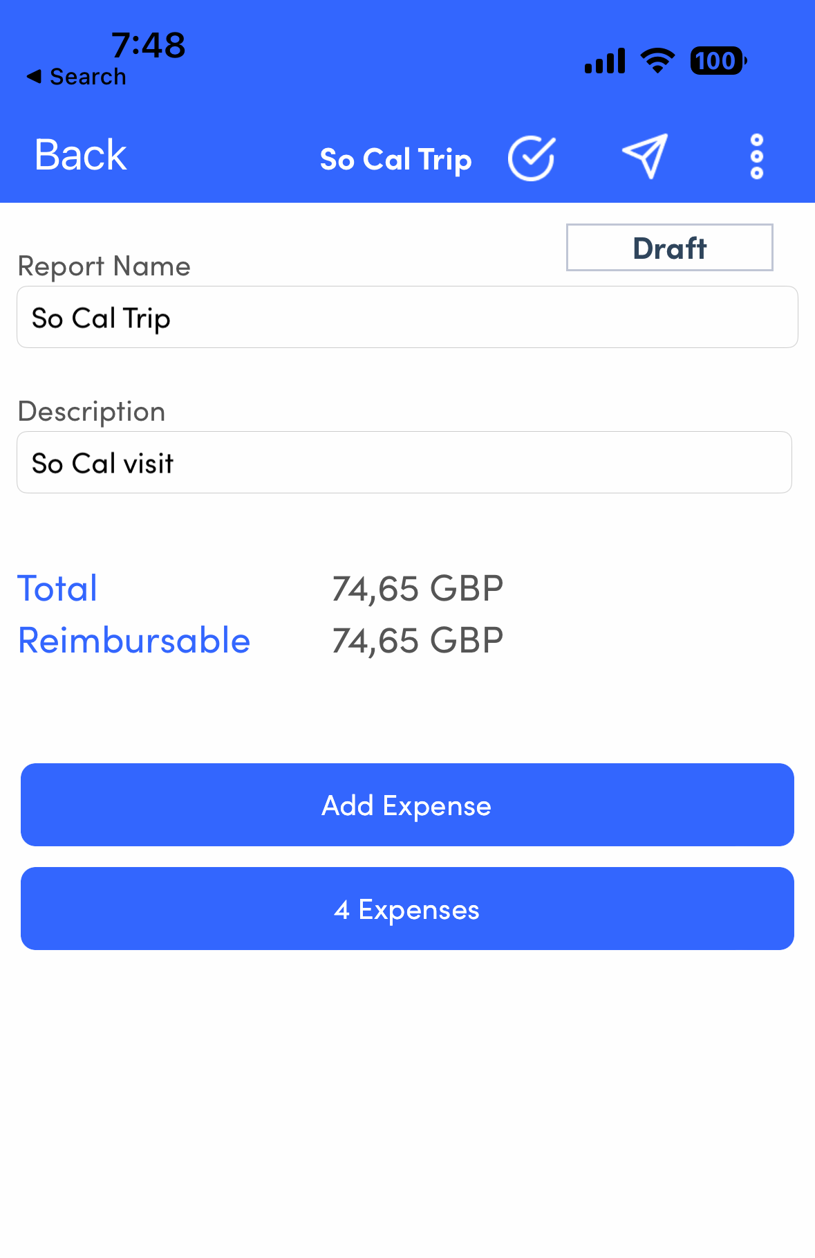 expense report in mobile app