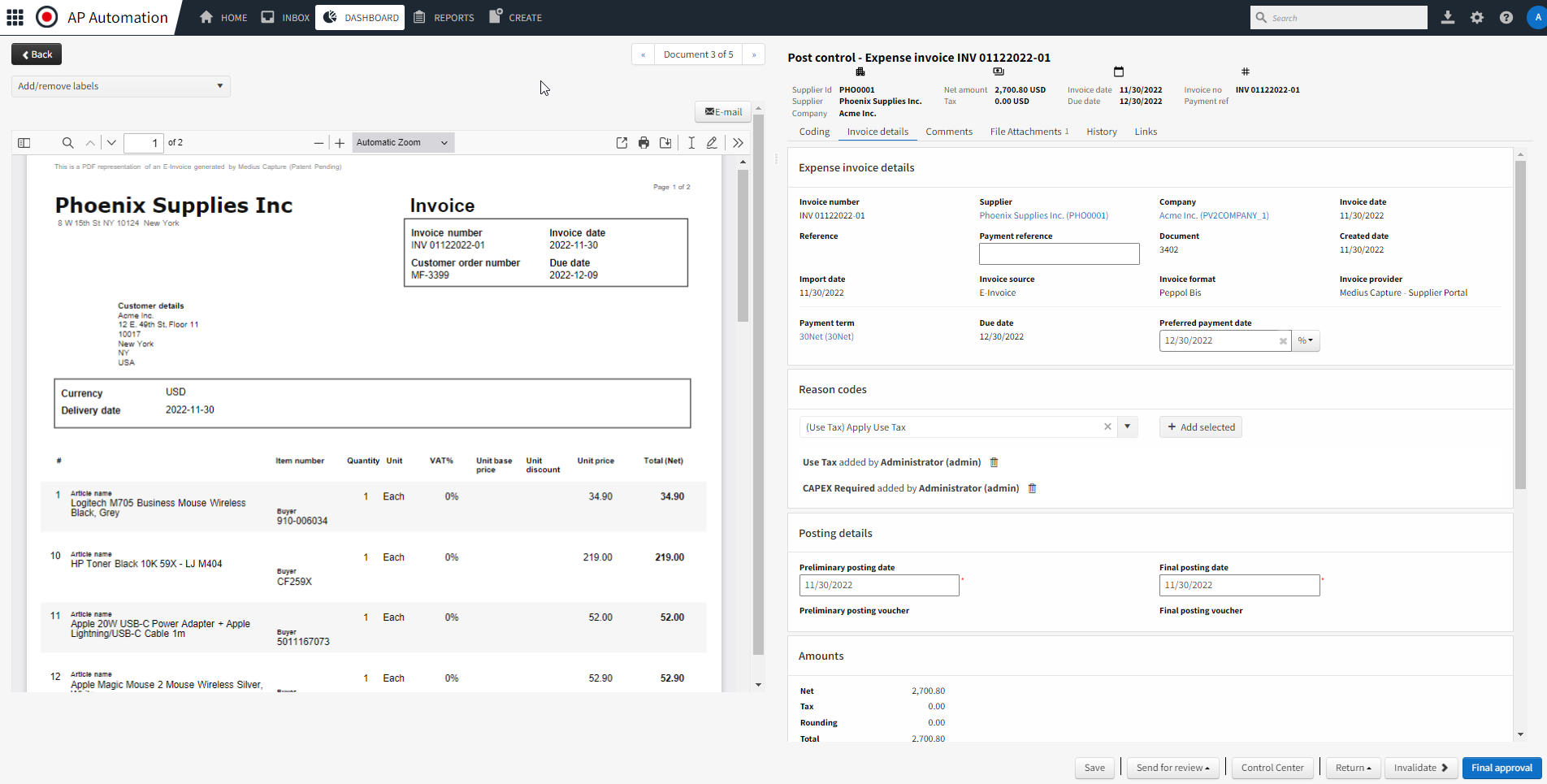 AP Automation invoice screen